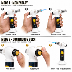 Soul Lighters Golden Flame Skull Cigar Torch Lighter – White Housing, 1300°C Piezo Flame, Continuous-Burn Lock, Stand-Up (15.5 cm)