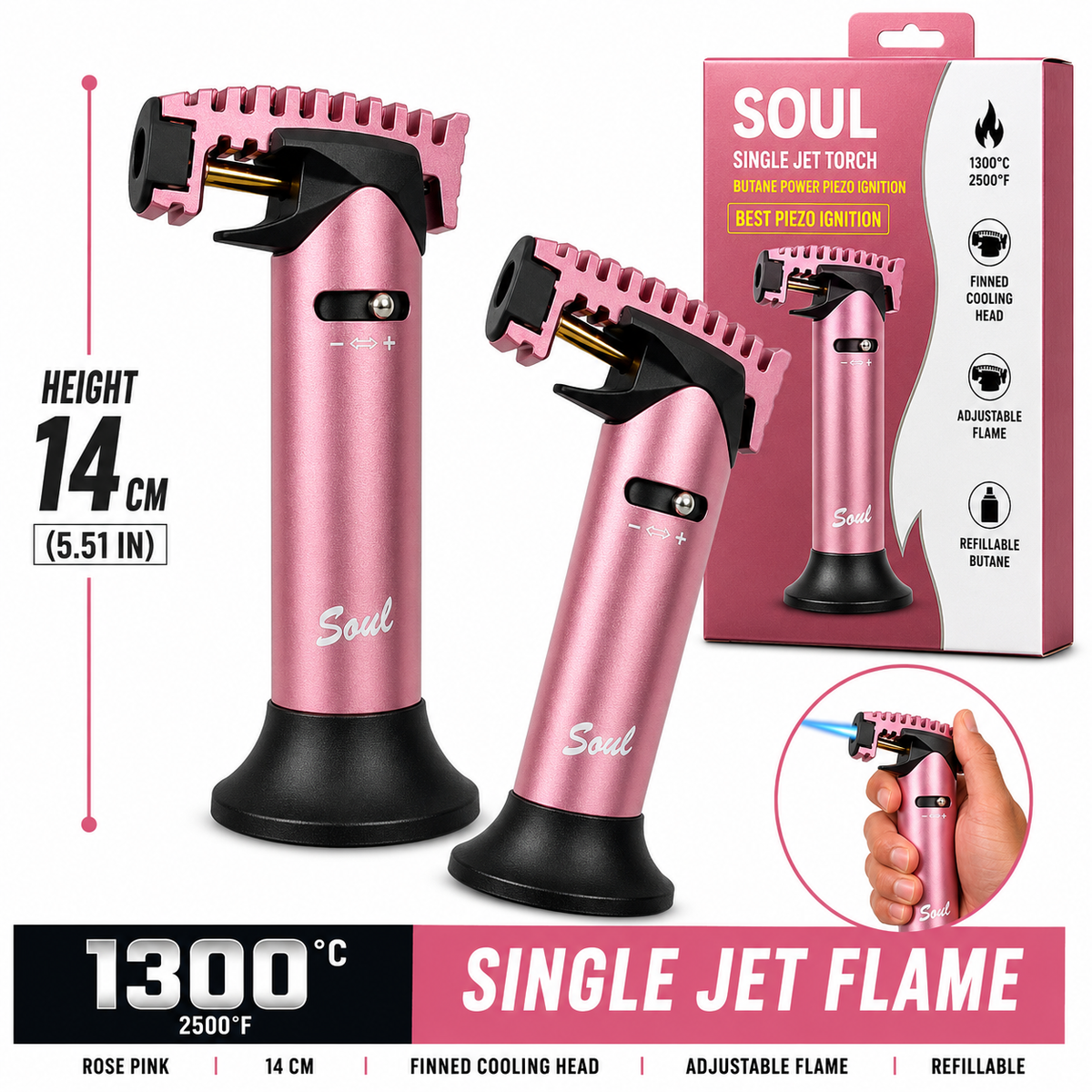 Soul Lighters Ridgeback single-jet butane torch lighter, rose pink, finned head, 14 cm