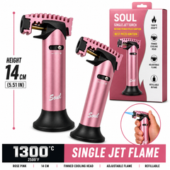 Soul Lighters Ridgeback single-jet butane torch lighter, rose pink, finned head, 14 cm