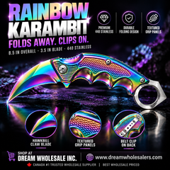 Folding Pocket Karambit 8.5" (21.6 cm) Hawkbill Knife, 3.5" (8.9 cm) 440 Stainless Steel Blade, Finger Ring, with Belt Clip, 5 Colours: Gold, Rainbow, Black, Blue, Silver