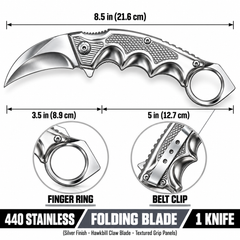 Silver folding karambit knife 8.5 inch with 3.5 inch 440 stainless steel hawkbill blade