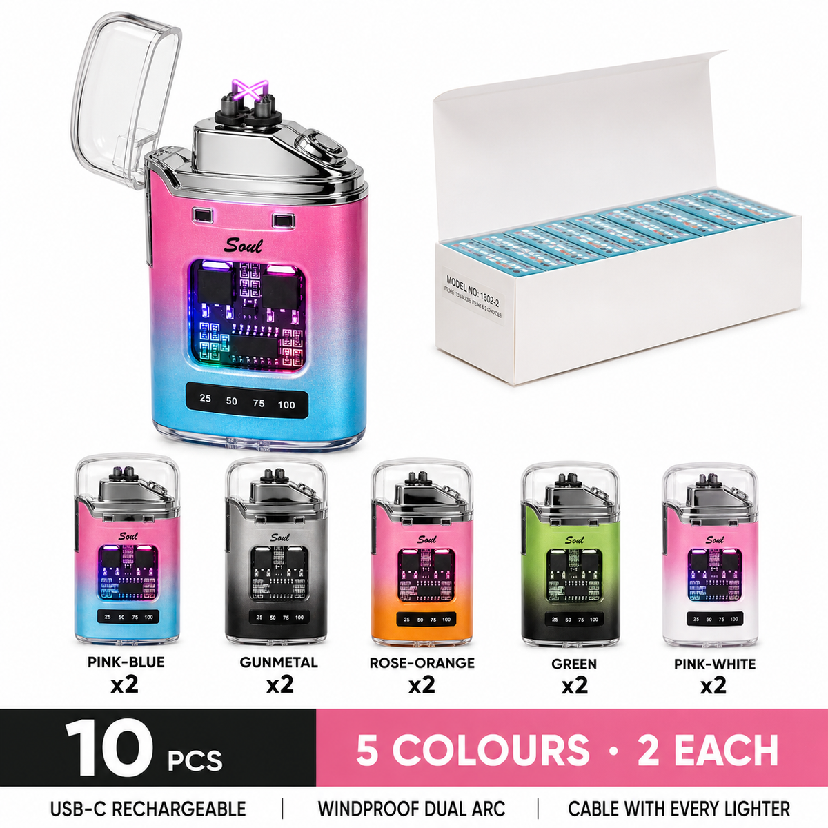 Soul Lighters Pulse Chroma Arc - USB-C Rechargeable Electric Arc Lighter, Flameless Dual Plasma, Windproof, 5 Gradient Colours (Box of 10)