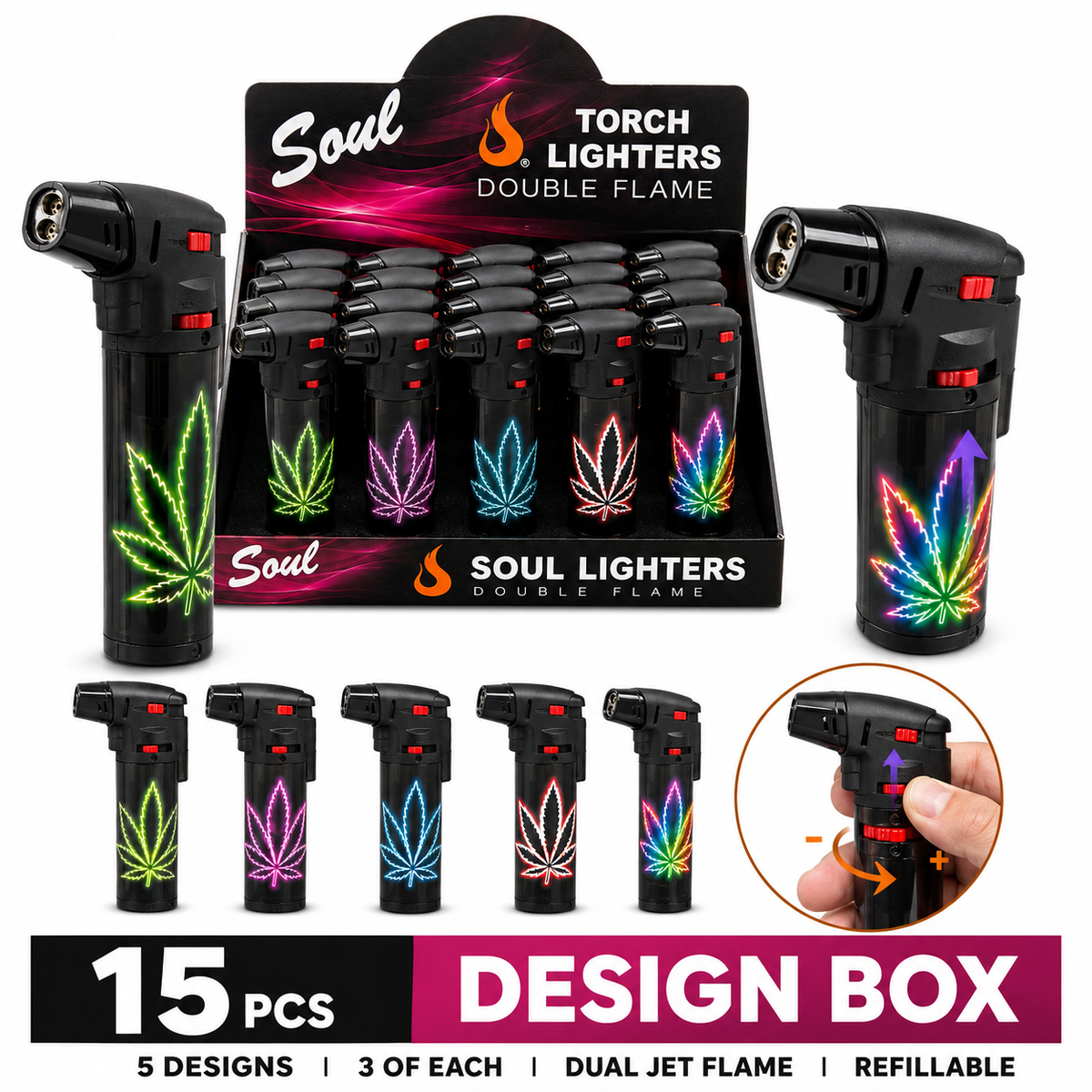 Soul Lighters Glow Leaf Double-Flame Jet Torch Lighter, Box of 15