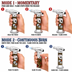 Soul Lighters 19400 Inked Tattoo-Art Single-Jet Butane Torch Lighter – 1300°C, Continuous Flame Lock, Piezo, 3 Designs in Matte Black & Silver (Box of 6, 13.5 cm)