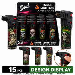 Soul Lighters Dark Fantasy Skull Double-Flame Jet Torch Lighter, Box of 15