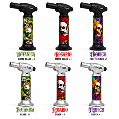 Soul Lighters 19400 Calavera Skull & Floral Single-Jet Butane Torch Lighter – 1300°C, Continuous Flame Lock, Piezo, 3 Designs in Matte Black & Silver (Box of 6, 13.5 cm)