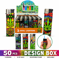 Soul Lighters Leaf Print Pocket Torch Lighter, refillable windproof flame, Box of 50