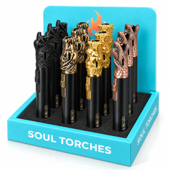 Soul Lighters Sculpted Animal-Head Pen-Style Torch Lighter – Single Jet, 3D Cast-Metal Nozzle: Eagle, Dragon, Cobra & Antique Bronze (12-Count Display, 4 Designs)