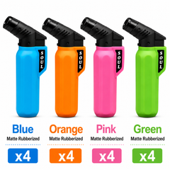 Soul Lighters Small-Size Refillable Torch Lighter – Matte Rubberized: Turquoise, Orange, Hot Pink & Lime Green, Auto-Flip Cap (Display Pack of 16, 4 Colours)