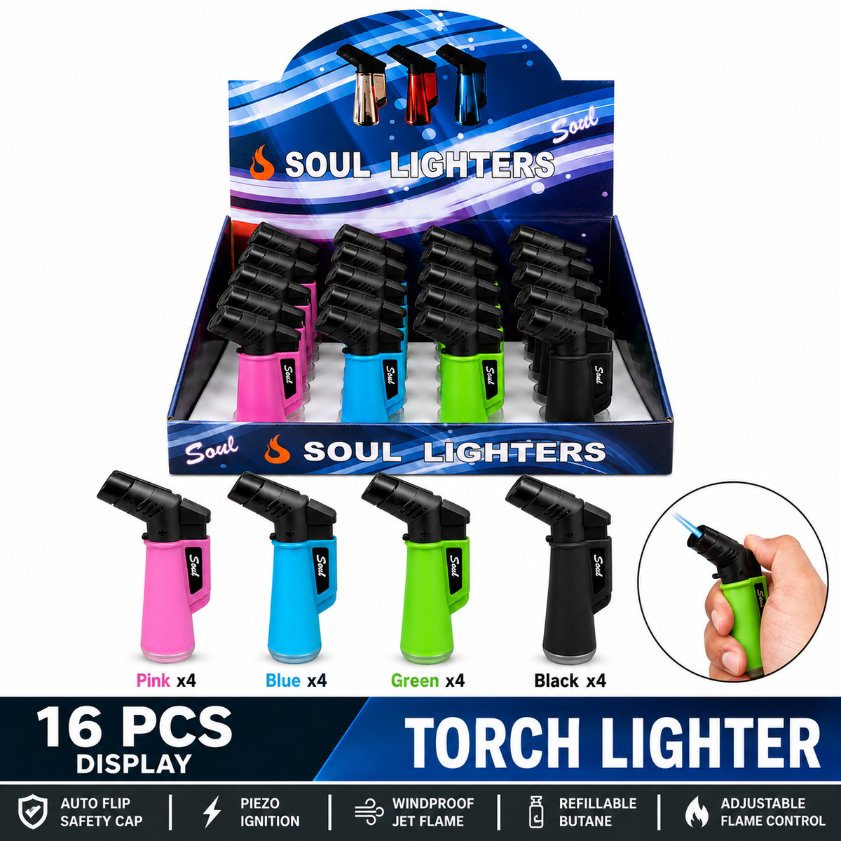 Soul Lighters Mini Matte Rubberized Torch Lighter, 4 colours, Pack of 16
