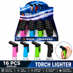 Soul Lighters Mini Matte Rubberized Torch Lighter, 4 colours, Pack of 16