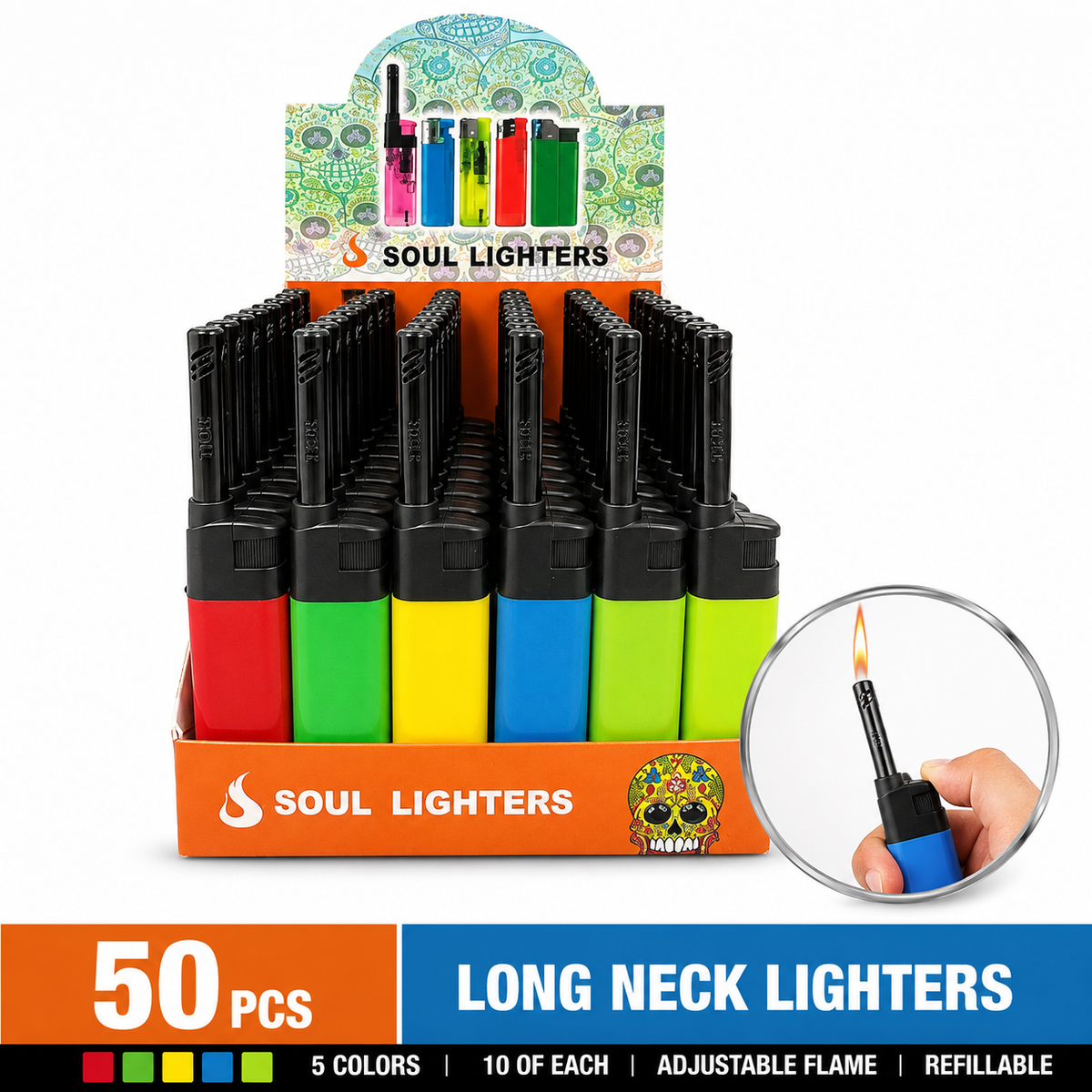 Soul Lighters Long Neck Torch Lighter, 5 solid colours, Box of 50