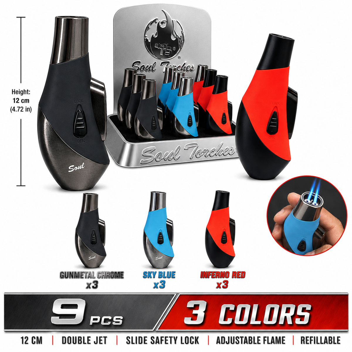 Soul Lighters Torpedo Double-Jet metal torch lighter, teardrop body, 3 colours, 9-count
