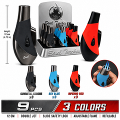 Soul Lighters Torpedo Double-Jet metal torch lighter, teardrop body, 3 colours, 9-count