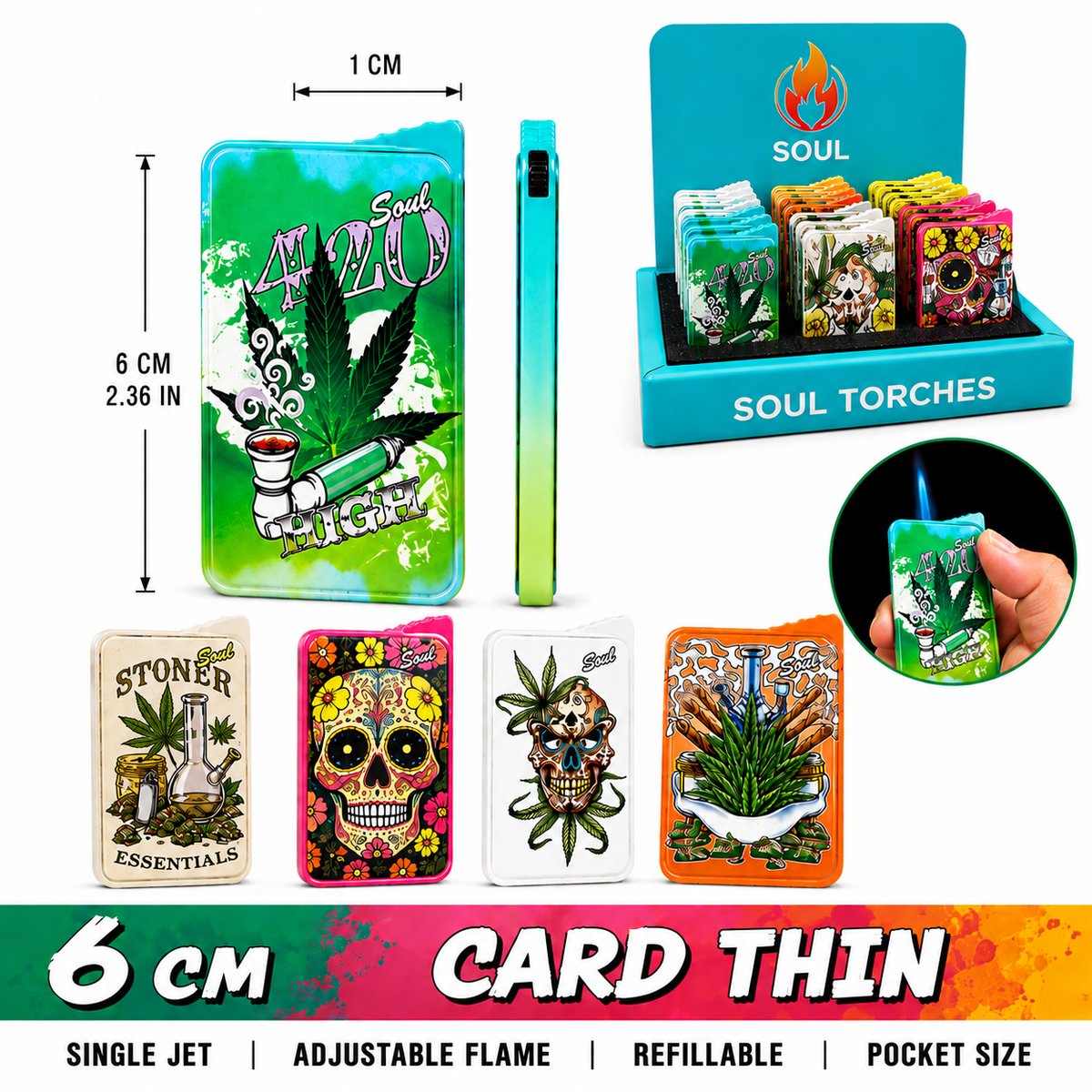 Soul Lighters Slim Card-Style Torch Lighter, 6 cannabis-culture prints, 12-count display