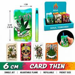 Soul Lighters Slim Card-Style Torch Lighter, 6 cannabis-culture prints, 12-count display
