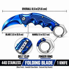 Blue folding karambit knife 8.5 inch with 3.5 inch 440 stainless steel hawkbill blade