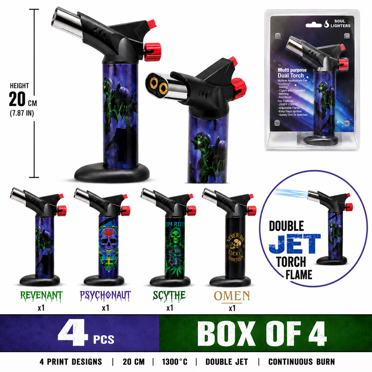 Soul Lighters Titan Underworld dual-jet butane torch lighter box of 4, dark-art prints, 20 cm