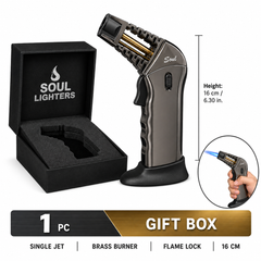 Soul Lighters Caliber Single-Jet Pistol-Grip Butane Torch Lighter – Gunmetal Chrome, Trigger Ignition, Flame Lock, Exposed Brass Burner, Gift Boxed (16 cm)