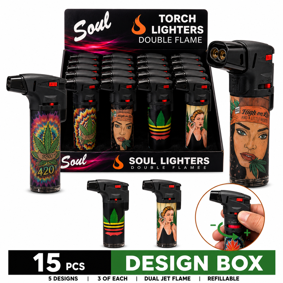 Soul Lighters Cannabis Culture Pop Art Double-Flame Jet Torch Lighter, Windproof Dual Flame, Box of 15