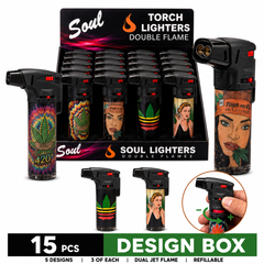 Soul Lighters Cannabis Culture Pop Art Double-Flame Jet Torch Lighter, Windproof Dual Flame, Box of 15