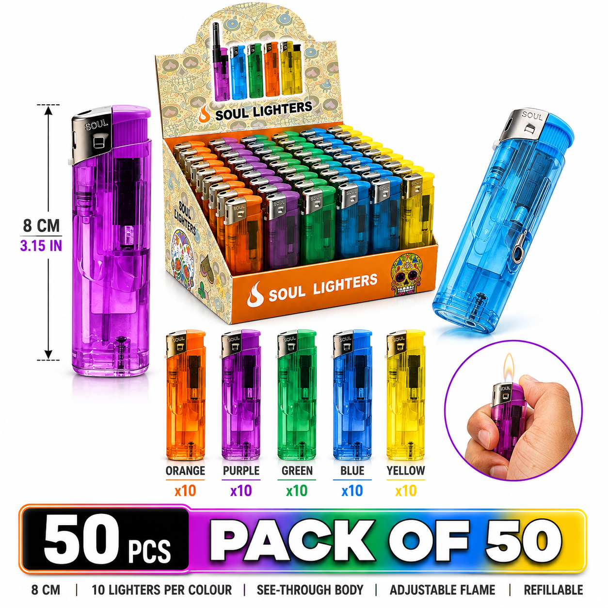 Soul Lighters Transparent Pocket Flame Lighter, visible fuel, Box of 50